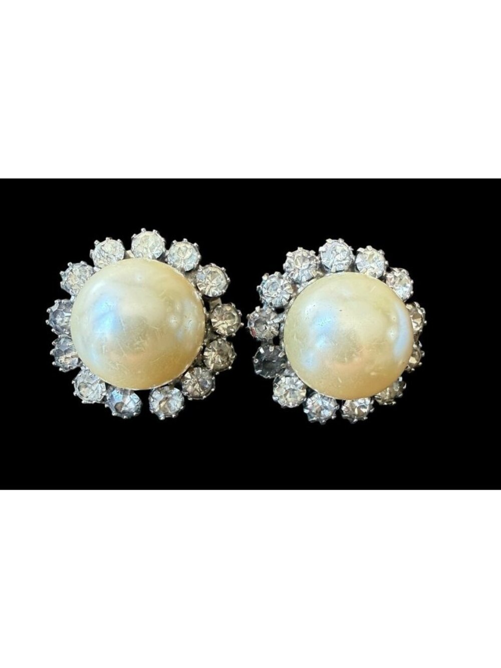 Vintage Judy Lee Silver Tone Faux Pearl Leaf Rhinestone Clip On Earrings Signed